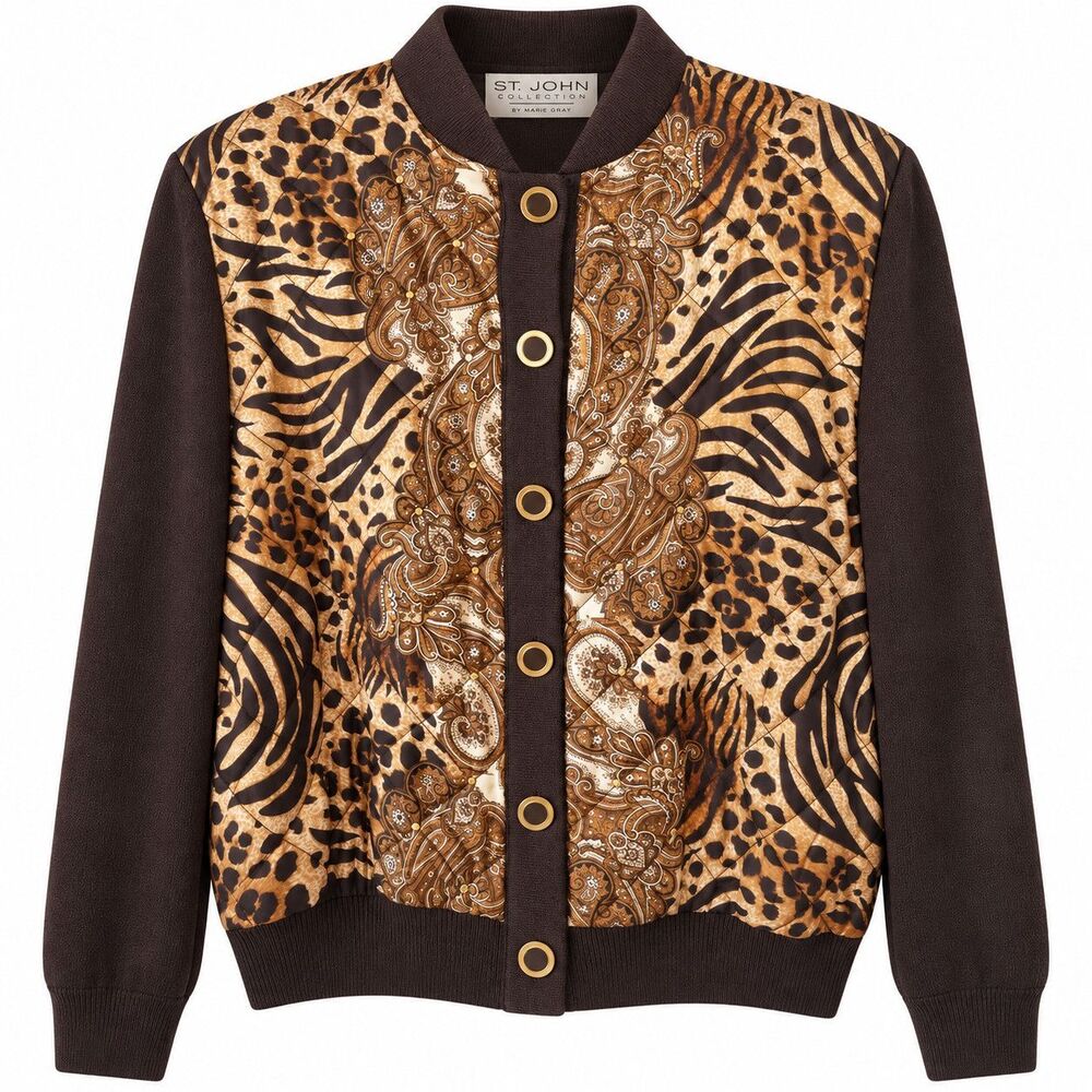 St John Collection Animal Print Wool Knit Bomber Jacket Brown Women’s M